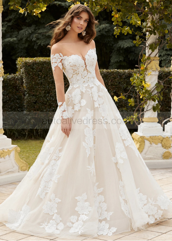 Long Sleeves Ivory Floral Lace Glitter Tulle Glamorous Wedding Dress